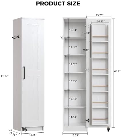 IRONCK Narrow Kitchen Pantry Cabinet, 72" H,Slim for Small Place, White