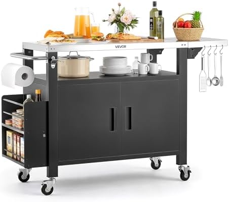 VEVOR Outdoor Grill Cart with Storage Cabinet, 55.1 Inch Grill Table, Waterproof Kitchen Island with Stainless Steel Top, Shelf, and Wheels, Movable Food Prep Station for Patio Bar Backyard BBQ