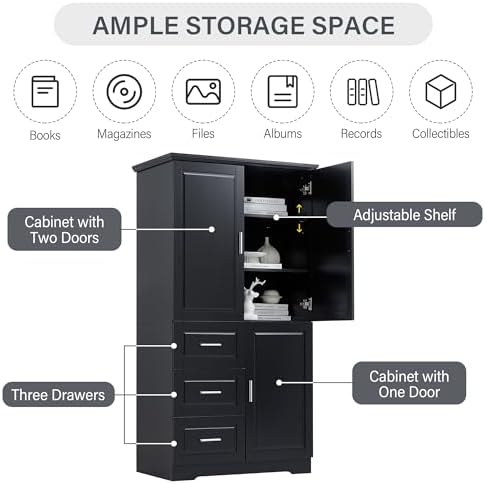 Merax 62.2" Pantry Cabinet with Three Doors & Three Drawers, Adjustable Shelves Storage Cupboard for Kitchen/Dining Room/Bathroom, Black