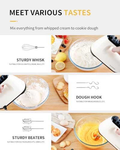 SHARDOR Hand Mixer Electric, 6 Speed & Turbo Mixer Electric Handheld, Snap-On Storage Case,5 Stainless Steel Accessories for Whipping, Mixing Cookies, Brownie, Cakes, Dough Batters, White
