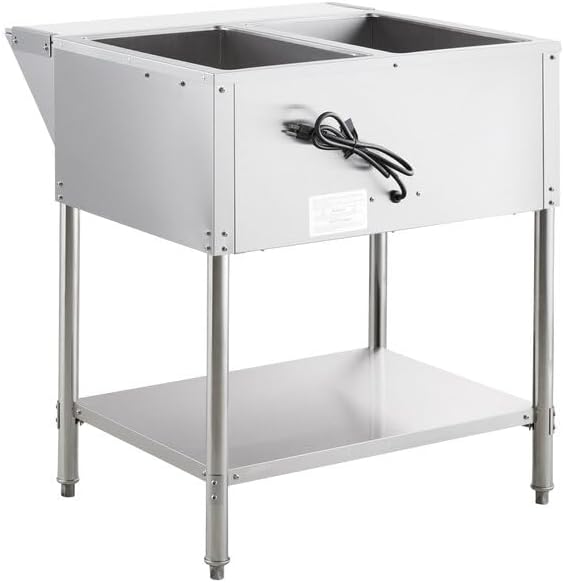 Two Pan Electric Steam Table, 120V 1000W, Stainless Steel, Open Well with Undershelf, 29x30x34 Inches, Commercial Food Warmer for Indoor Use