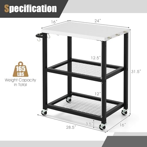 Byroce Grill Cart, 3-Shelf Outdoor Prep Table for Grill with Stainless Steel Top, 9 Hooks & Wheels, Movable Food Cooking and Pizza Oven Stand Table, Grill Table for Party BBQ Patio