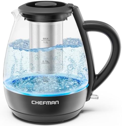 Chefman Electric Kettle with Tea Infuser, Compact 1L (4 Cups), 1500W, Removable Lid for Easy Cleaning, Boil-Dry Protection, Stainless Steel Filter, BPA Free, Auto Shut Off, Small Electric Tea Kettle by Chefman