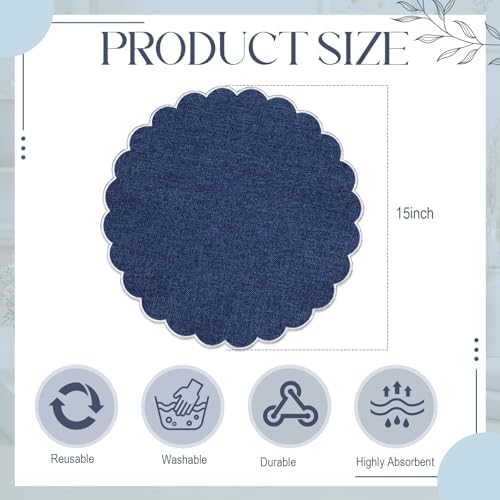 Set of 24 Navy Blue Cotton Placemats 15" Round Scalloped White