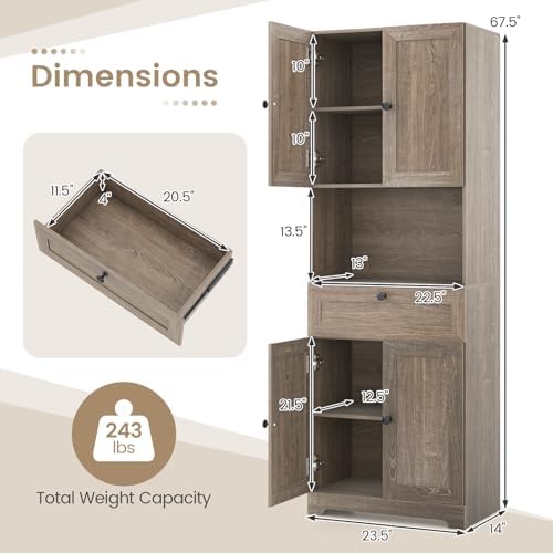 GIANTEX Kitchen Pantry Cabinet, 67.5" Tall Floor Storage Cabinet w/4 Doors & 1 Drawer, Modern Freestanding Bathroom Organizer w/Open Countertop & Adjustable Shelf for Dining Room (Gray Oak)