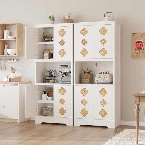 IDEALHOUSE Mid Century Modern Kitchen Pantry Cabinet, 72" Tall Storage Cabinet with Microwave Shelf, Wooden Freestand Cupboard with Carved Flower Door & Crystal Handle, for Dining Room