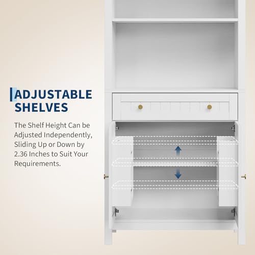 Modern Farmhouse Arched Pantry Cabinet 73" – Freestanding Tall Storage with Adjustable Shelves & Drawer – Accent Kitchen, Dining, Living or Bedroom Cupboard – Embossed White