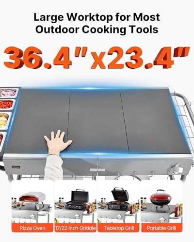 VEVOR Outdoor Grill Cart, Grilling Table, Movable Outdoor Cooking Table with 4 Spice Containers, Wheels, Lids, Hooks, BBQ Prep Tables for Picnic, Kitchen, Courtyard