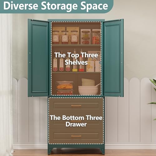 Polup 75" Metal Storage Cabinet, Kitchen Pantry Cabinet with 3 Drawers