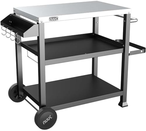 NUUK 3-Shelf Grill Cart for Outdoor with Stainless Steel Top – 20" x 32" Movable Pizza Oven Stand with Wheels Kitchen Prep Table BBQ Cart Worktable