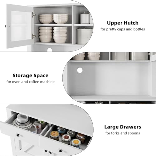 Jojoka 63" Tall Kitchen Pantry Hutch Cabinet with Drawers, Freestanding Storage Cabinet with Microwave Stand, Adjustable Shelves & Tempered Glass Doors for Dining Room Living Room,White