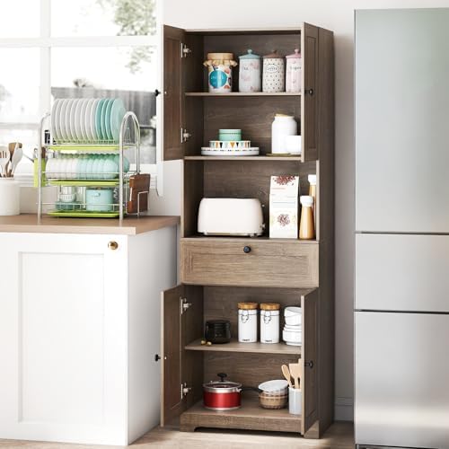 GIANTEX Kitchen Pantry Cabinet, 67.5" Tall Floor Storage Cabinet w/4 Doors & 1 Drawer, Modern Freestanding Bathroom Organizer w/Open Countertop & Adjustable Shelf for Dining Room (Gray Oak)