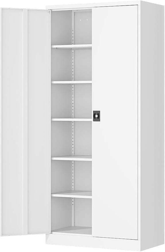 Metal Storage Cabinet-71” Tall Steel File Cabinets with Lockable Doors and Adjustable Shelves-White Steel Storage Cabinet for Home,Kitchen, School, Office, Garage