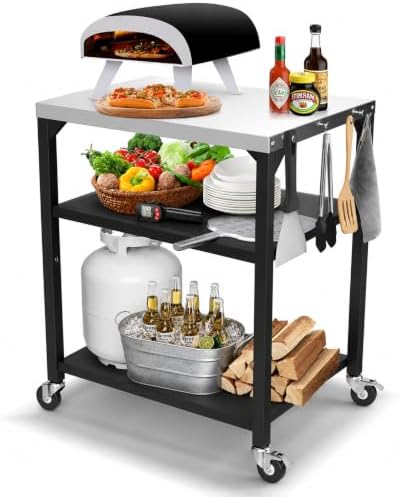 Hisencn 3-Tier Pizza Oven Table, Stainless Steel Outdoor Grill Prep Cart