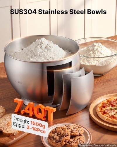 VEVOR 7.4 Qt Tilt Head Stand Mixer 500W Electric Dough Mixer, 6 Speeds with Pulse Food Kitchen Mixer with Stainless Steel Bowl, Splash Guard, Dough Hook, Whisk, Beater, for Baking Mixing