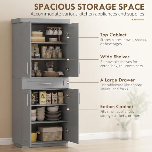 HOMCOM 72" Kitchen Pantry Storage Cabinet, Freestanding Cupboard, Gray