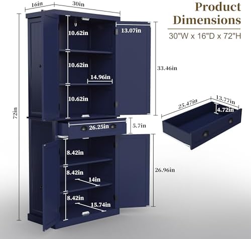 ARTPOWER 72" Tall Freestanding Pantry & Kitchen Storage Cabinet, Navy Blue