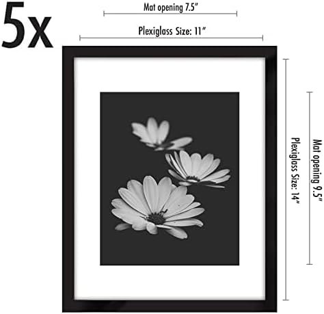 Americanflat 11x14 Picture Frame with Polished Plexiglass - Set of 5 - Use as 8x10 Frame with Mat or Display 11x14 Photo Without Mat - Galleria Collection - Picture Frames for Wall Display - Black