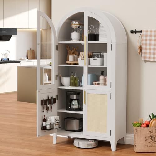 63" Tall Arched Cabinet with Glass Doors, Kitchen Pantry Storage Cabinet with Dust-Proof Rattan, 5-Tier Curio China Cabinet with Adjustable Shelves for Living Room Dining Room, White