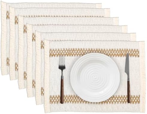 Niviy Boho Placemats Set of 6, 12x18 Inch Natural Cotton Burlap and Kitchen Woven Placemats with Tassels for Dining Table Centerpiece Thanksgiving Home Decorations