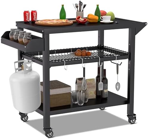 Spurgehom Outdoor Grill Cart, Pizza Oven Stand Table with Wheels