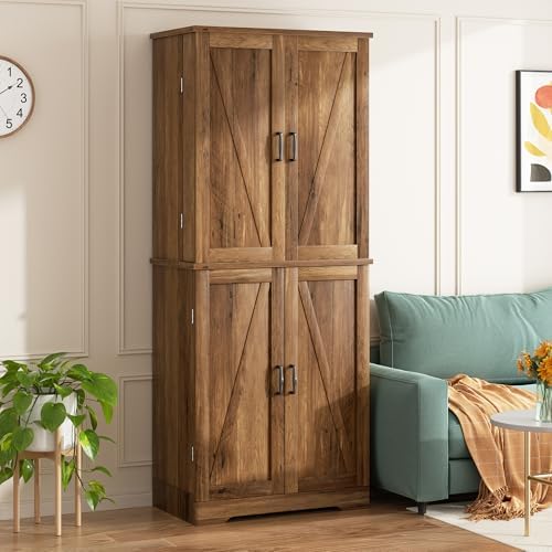 Shintenchi Kitchen Pantry Cabinet, Farmhouse Tall Cupboard, Rustic Brown