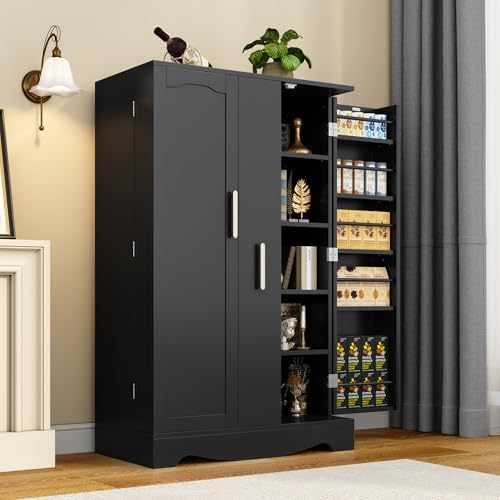 kepptory 47“ Black Kitchen Pantry Cabinet with Pull-Out Drawer