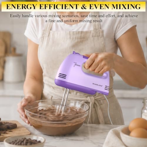BAIGELONG Hand Mixer. 7-Speed Adjustable Kitchen Electric Mixer. With 5 Stainless Steel Attachments: 2 Hooks, 2 Beaters, 1 Whisk. Comes 1 Storage Box. Perfect for Bakers and New Starters. Purple