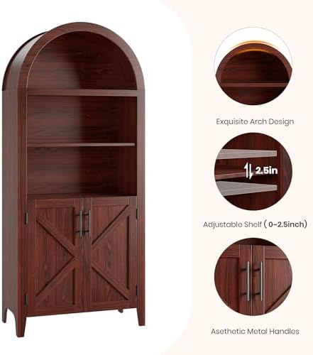 Arched Kitchen Pantry Cabinet with Doors, 5-Tier Walnut Open Display Shelf