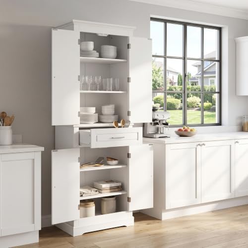 Merax 70" Tall Kitchen Pantry Cabinet with Four Doors & One Drawer, Storage Cupboard for Living Room/Dining Room/Bathroom, Adjustable Shelves, White