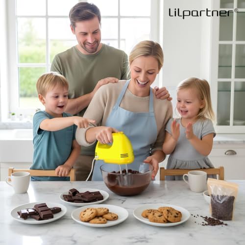 LILPARTNER Electric Hand Mixer with Storage Box, Ultra Power Kitchen Hand Mixer With 7-Speed & 5 Stainless Steel Accessories for Whipping Dough, Cream, Cake, Dishwasher Safe, LIGHT YELLOW BOX