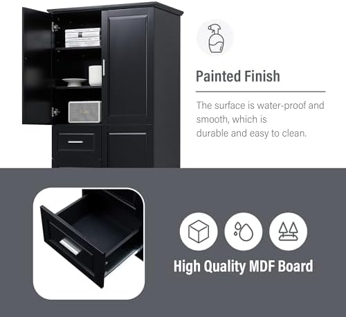 Merax 62.2" Pantry Cabinet with Three Doors & Three Drawers, Adjustable Shelves Storage Cupboard for Kitchen/Dining Room/Bathroom, Black