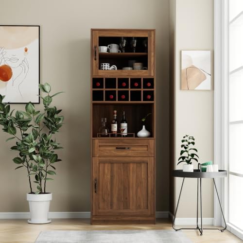 KEIKI 70.87" H Tall Kitchen Pantry Wine Bar Storage Cabinet with Countertop, Wine Rack, Glass Doors, Drawers, Wood Freestanding Hutch Food Pantries Cupboard for Coffee, Dining Living Room