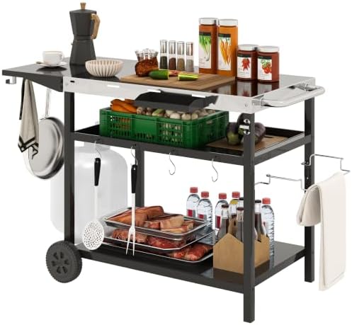 Outsunny Outdoor Grill Cart with Stainless Steel Tabletop, Wheels, Storage