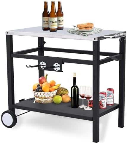 Dining Cart Table with Double-Shelf, Movable Stainless Steel Flattop Worktable, Hooks, Side Handle, Multifunctional for Bar, Patio, Camping, Home