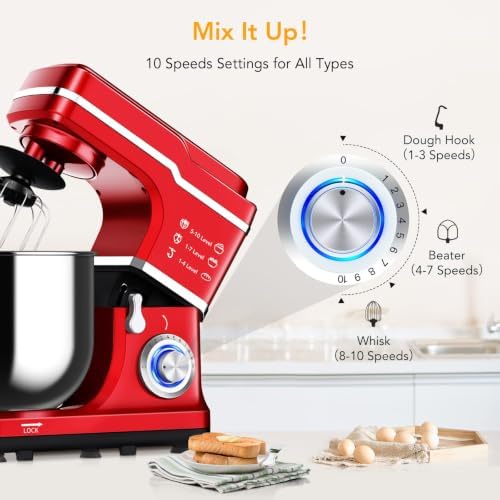 Stand Mixer 660W 7L 10-Speed Stepless Speed Control, Red