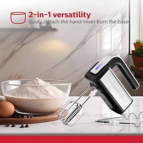 Holstein Housewares 5-Speed Hand and Stand Mixer, 250W Power with LED Light, Black and Stainless Steel – Versatile Mixer for Baking, Whipping, and More