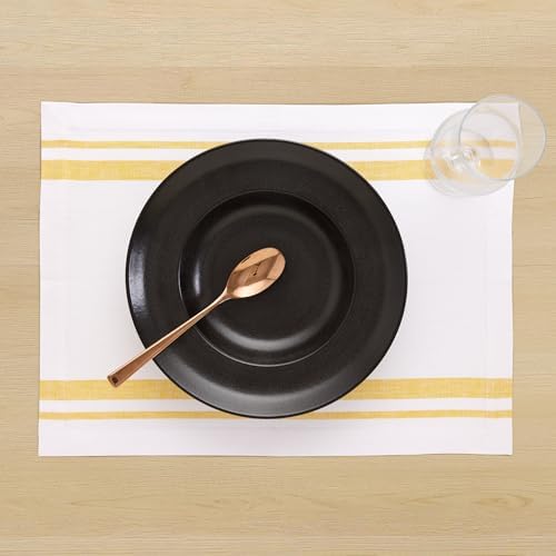 Solino Home 100% Pure Linen Placemats, 14 x 19 in, Yellow Striped, Set of 4
