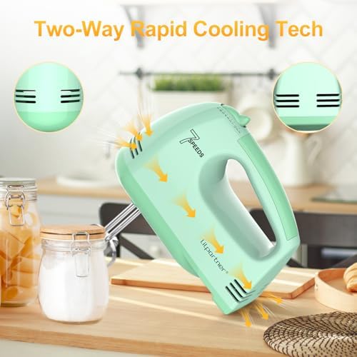 LILPARTNER Electric Hand Mixer with Storage Box, Ultra Power Kitchen Hand Mixer With 7-Speed & 5 Stainless Steel Accessories for Whipping Dough, Cream, Cake, Dishwasher Safe, LIGHT GREEN BOX