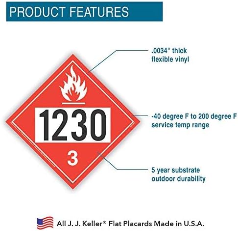 1230 Placard, Class 3 Flammable Liquid 25-pk. - 10.75" x 10.75" Removable Self Adhesive Economy Vinyl for Short-Term Applications, DOT Hazmat Compliant, J. J. Keller & Associates, Inc.