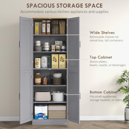 HOMCOM 67" Freestanding Kitchen Pantry 4-Door Cabinet Distressed Gray