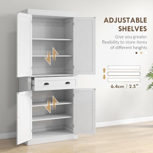 HOMCOM 72.5" Kitchen Pantry Cabinet Freestanding 4 Doors White Wood Grain