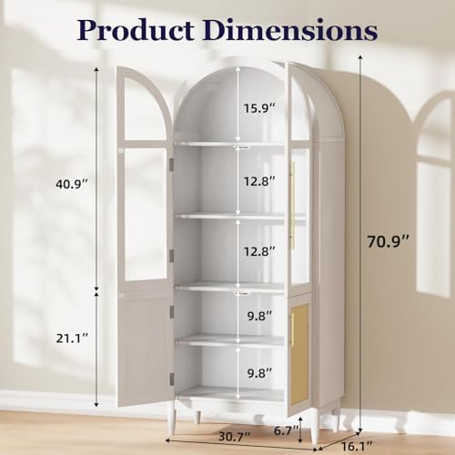71" Tall Arched Cabinet with Glass Doors, Kitchen Pantry Storage Cabinet with Dust-Proof Rattan, 5-Tier Curio China Cabinet with Adjustable Shelves for Living Room Dining Room, White