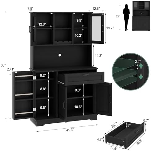 Shintenchi 68" Kitchen Pantry Storage Cabinet, with Microwave Stand, Black