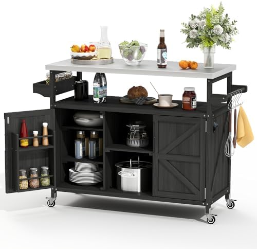 Zevemomo Outdoor Grill Cart with Storage, Lockable Casters, Black