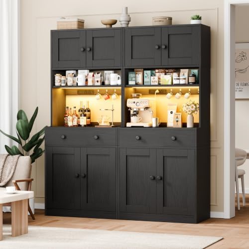 71" Tall Kitchen Pantry Cabinet with Microwave Countertop, LED Lights Black