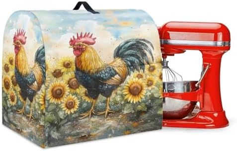 Rooster Sunflower Mixer Cover Kitchen Aid Stand Mixer Dust Proof Covers with Handle and Front Pockets Kitchen Aid Mixer Cover for 4.5-5 Qt Mixer,Coffee Maker Toaster Machine Dust Cover