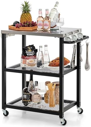Byroce Grill Cart, 3-Shelf Outdoor Prep Table for Grill with Stainless Steel Top, 9 Hooks & Wheels, Movable Food Cooking and Pizza Oven Stand Table, Grill Table for Party BBQ Patio