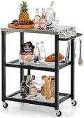 Byroce Grill Cart, 3-Shelf Outdoor Prep Table for Grill with Stainless Steel Top, 9 Hooks & Wheels, Movable Food Cooking and Pizza Oven Stand Table, Grill Table for Party BBQ Patio