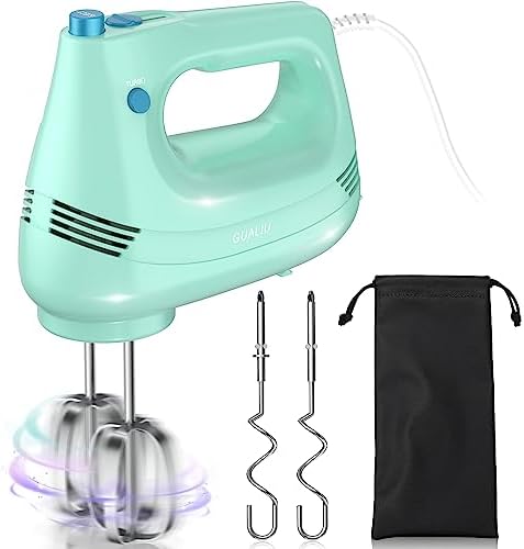 GUALIU Electric Hand Mixer, 304*(2* Beaters, 2* Dough Hooks), (1* Storage Bag) Handheld Mixer for Baking Cakes, Eggs, Cream Food Mixers, Turbo Boost /5 Speed Kitchen Blender GREEN